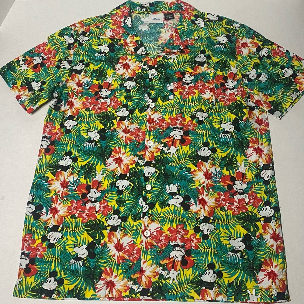 Disney Mickey Mouse Hawaiian Tropical Floral Shirt Mens Size Medium